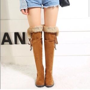 Stylish Tan Over the Knee Boots with Fur Trim